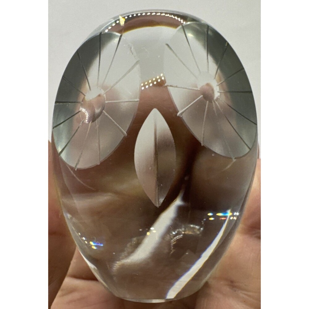 OWL PAPERWEIGHT CLEAR GLASS Cut ETCHED FACE VINTAGE GLASS